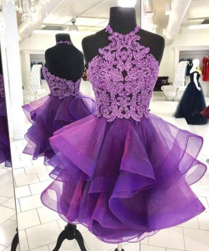Halter Purple Tulle Short Prom Dress With Lace Halter Purple Tulle Short Prom Dress With Lace