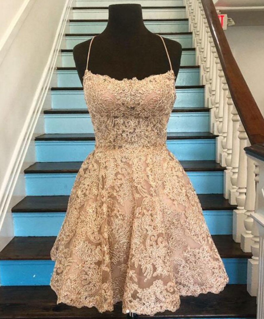Beauty Straps Champagne Short Lace Prom Dresses