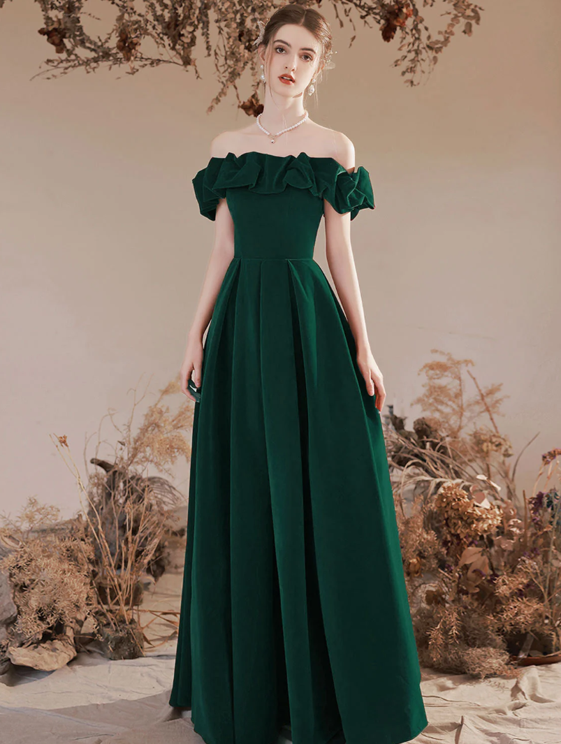 Off Shoulder Velvet Green Long Prom Dresses