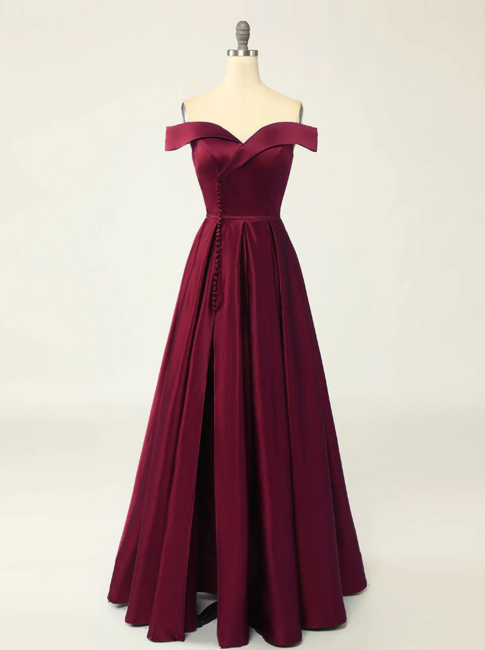 A-line Wine Red Stain Off Shoulder Long Prom Dresses