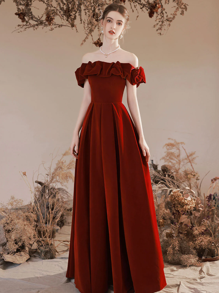 A-line Off Shoulder Velvet Burgundy Prom Dresses