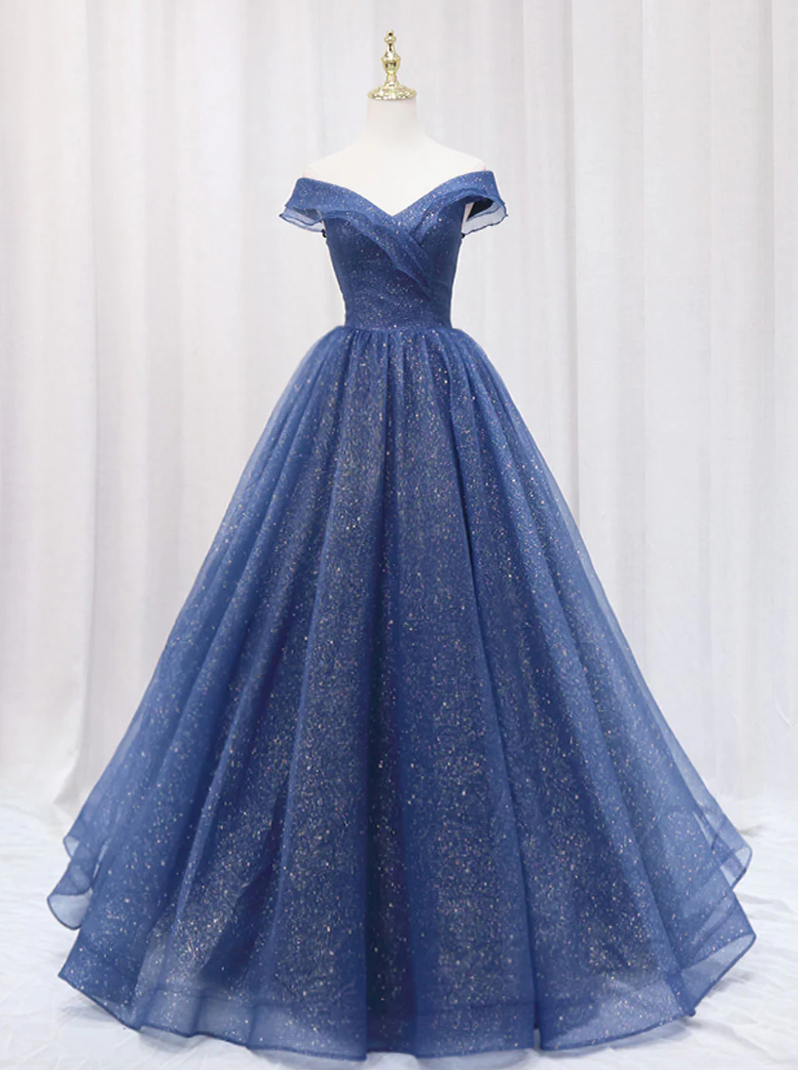 Off Shoulder Dark Blue Tulle Long Prom Dress For Women