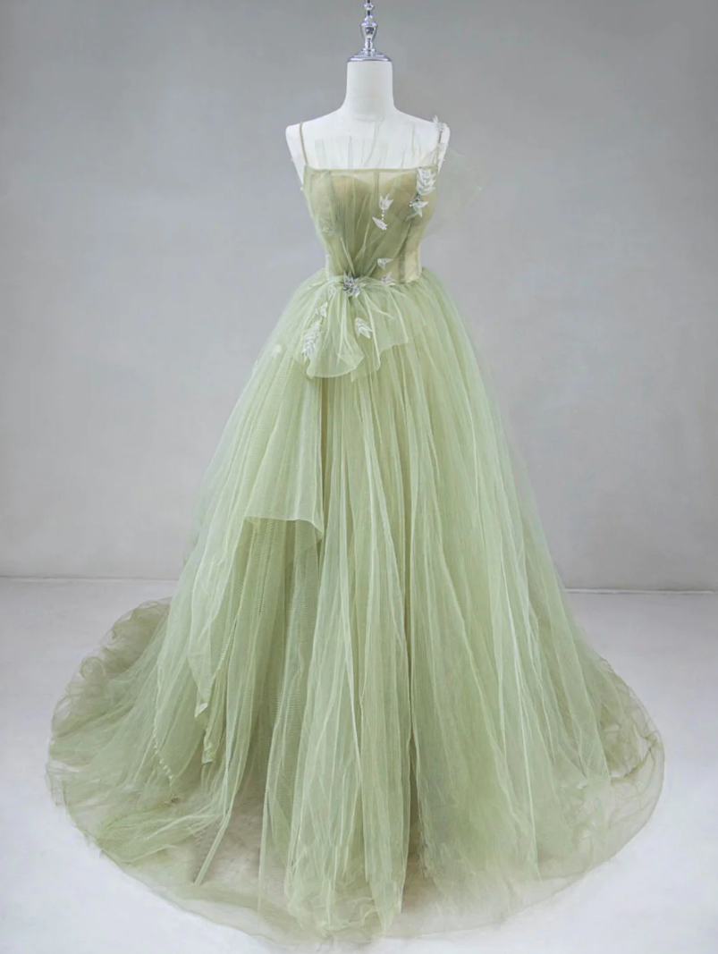 A-line Mermaid Green Tulle Long Prom Dresses