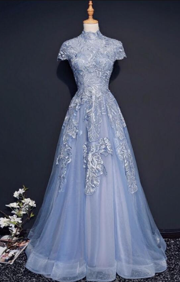 Wonderful High Neck Lace Appliqued Blue Long Prom Dress
