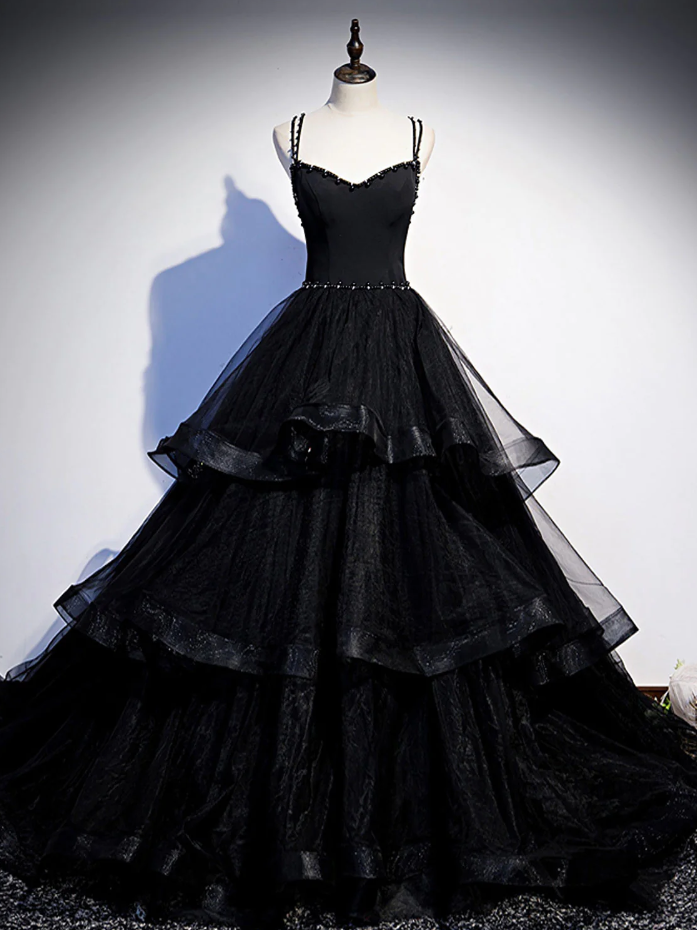 Beauty Black V Neck Tulle Long Prom Dress With Beading