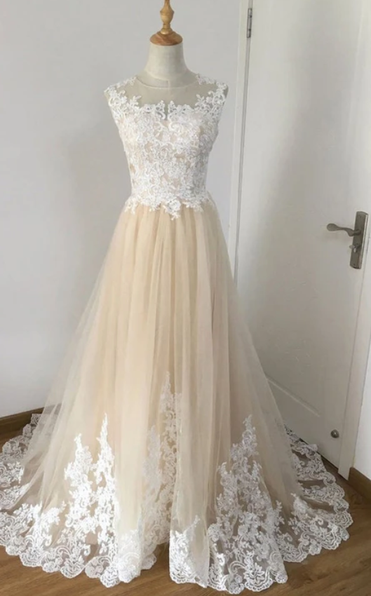 Simple A Line Sleeveless Illusion Prom Dress With Lace Appliques