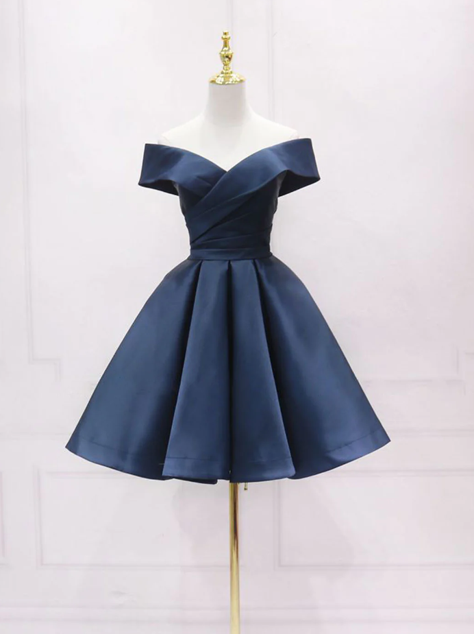 Simple Off Shoulder Satin Dark Blue Short Homecoming Dress