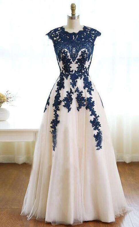 blue dress with cream lace Blue And Cream Lace Panel Dress A-line Round Neck Lace Applique Prom Dresses