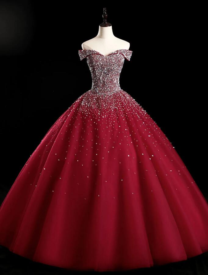 Off Shoulder Burgundy Tulle Sequin Long Prom Dress, Sweet 16 Dress