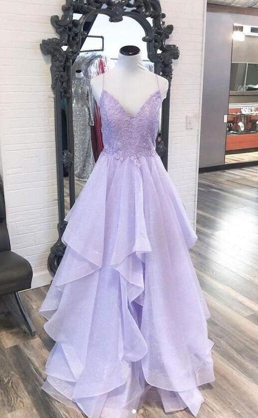 A Line Straps Purple V Neck Tulle Lace Long Prom Dress