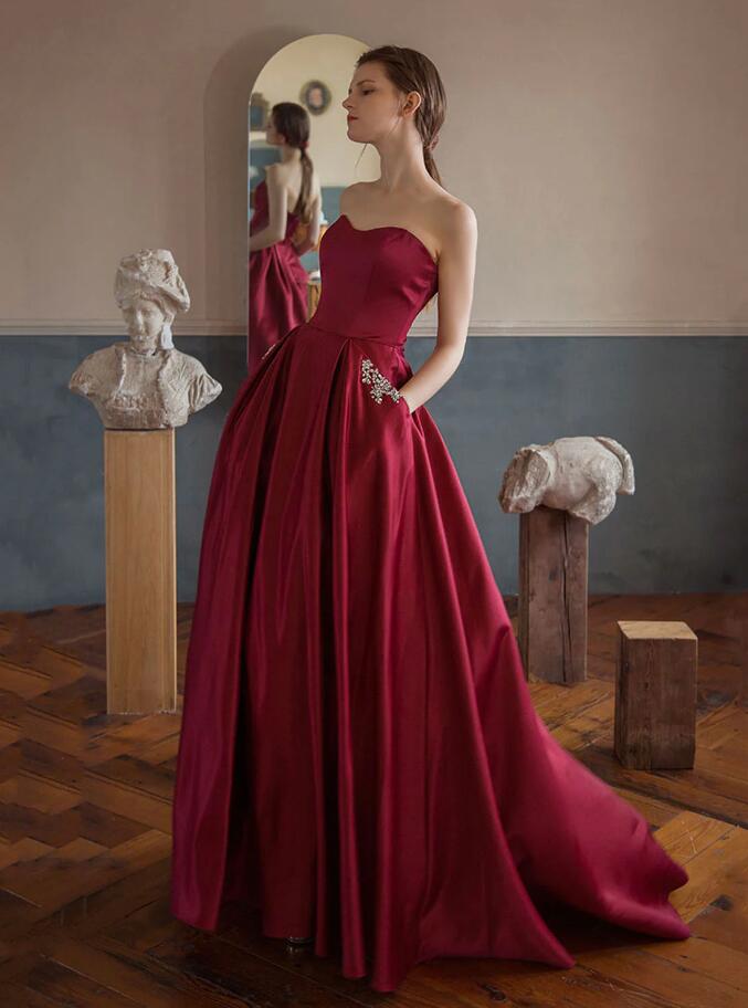 Simple Burgundy Satin Long Prom Dress, Evening Dresses