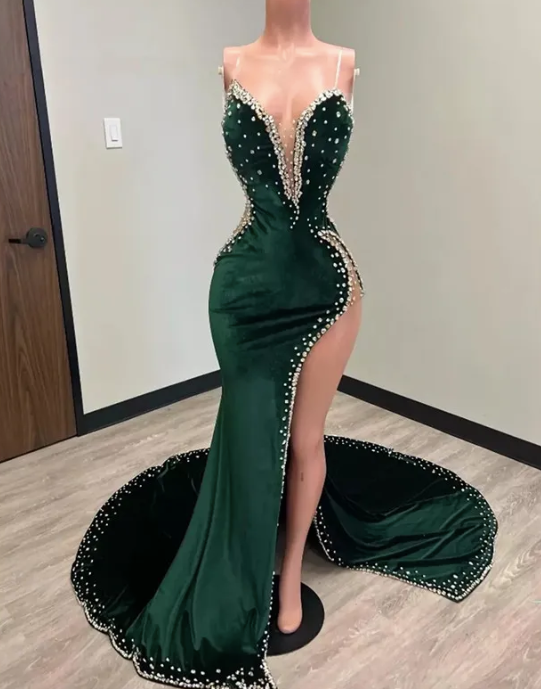 Hunter Green Velvet Prom Dresses Evening Dress With Cape Slit