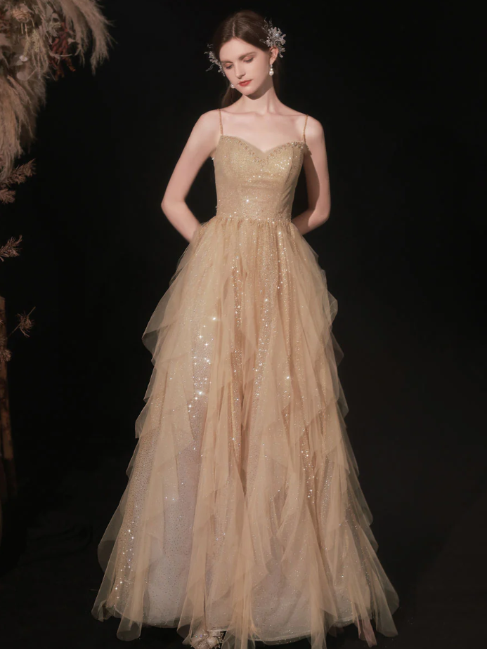 Pretty Summer Ball Gown Spaghetti Straps Pink Tulle Sequin Long Prom Dresses