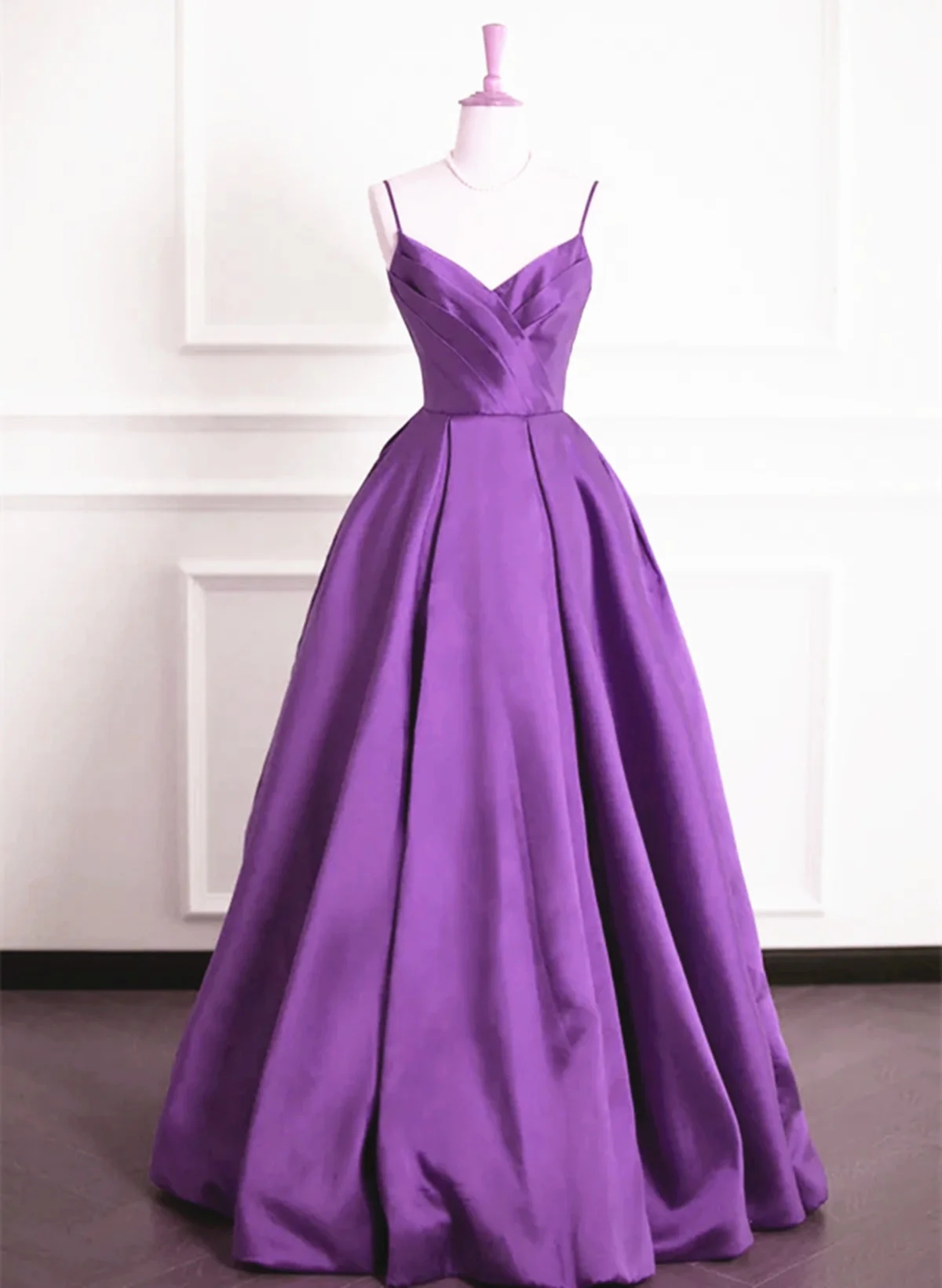 Straps V-neckline Purple Satin Long Prom Dress