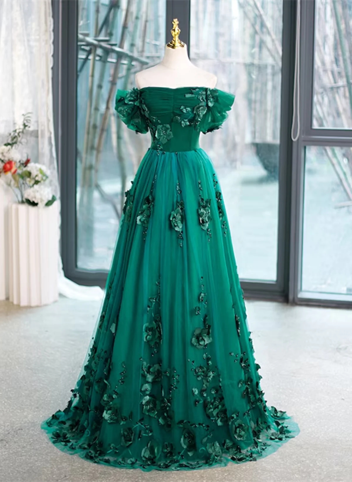 Off Shoulder Green Tulle Long Formal Dress With Flowers