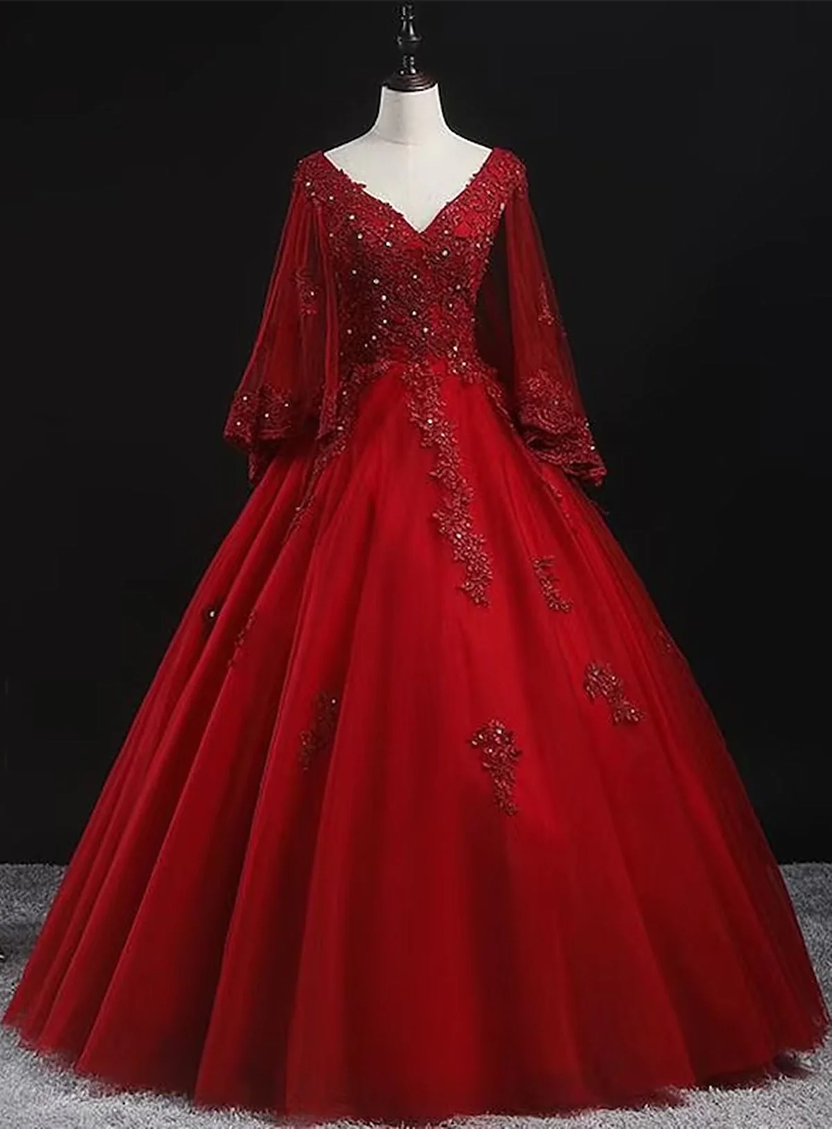 Ball Gown Red Lace Tulle Prom Dresses