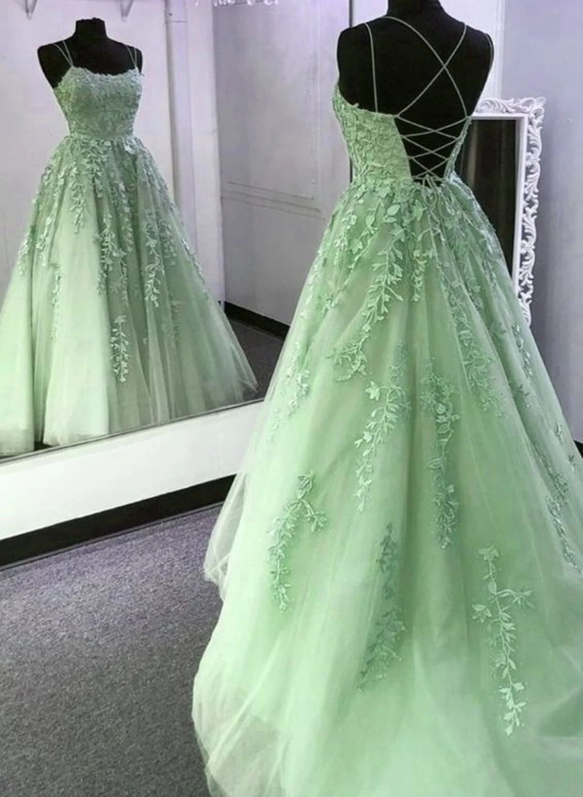 Mermaid Sage Green Straps Tulle Long Prom Dress With Lace