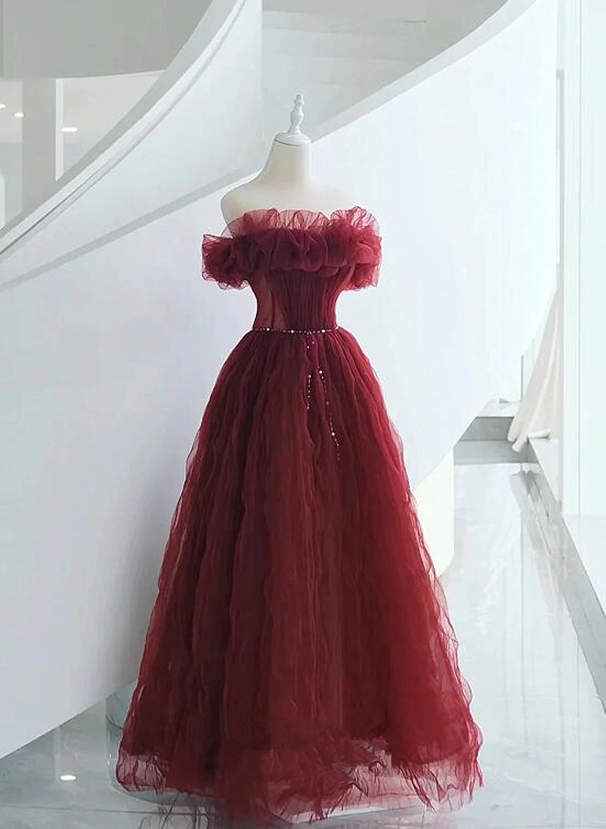 Chic Off Shoulder Wine Red Tulle Long Evening Dresses on Luulla
