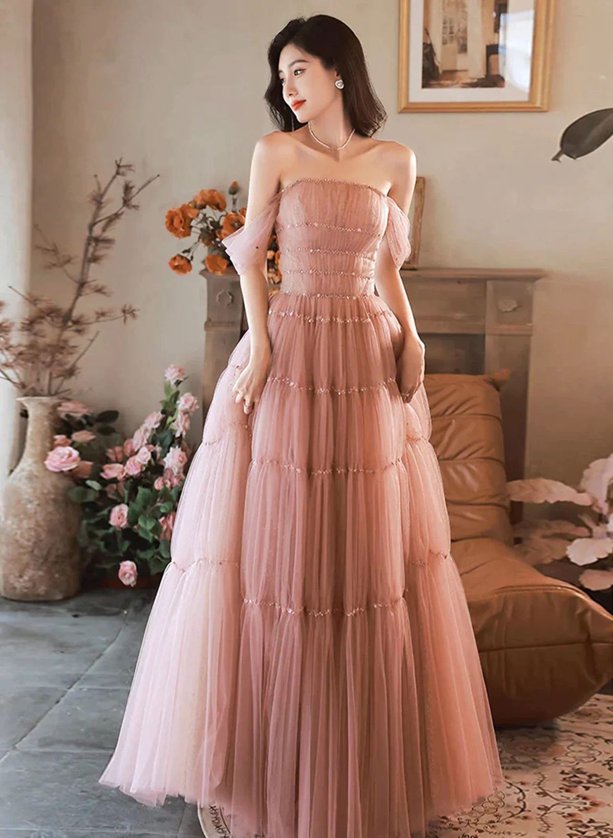 Off Shoulder Pink Tulle Floor Length Long Party Dress