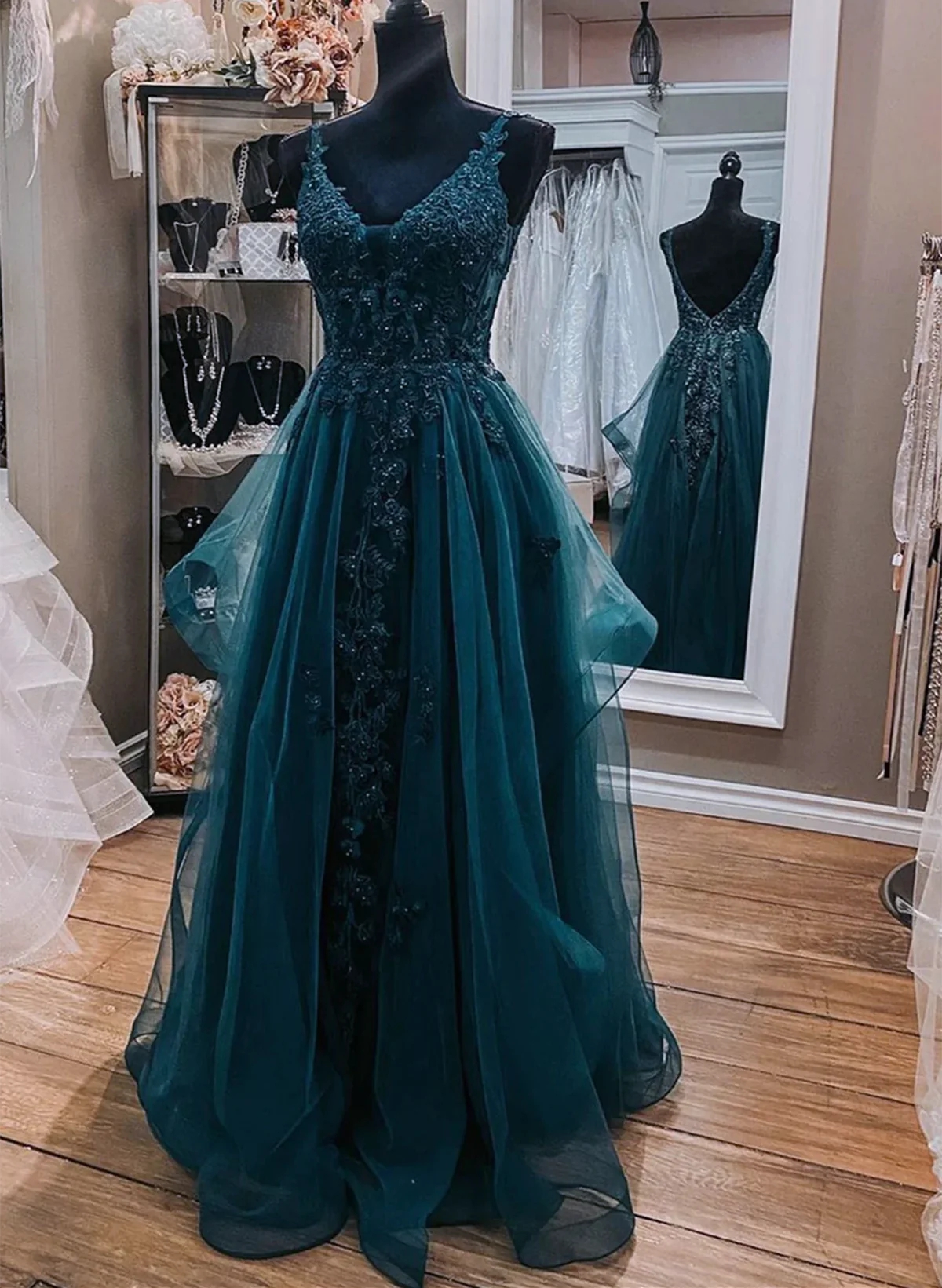Teal Blue Tulle V-neckline Long Party Dress With Lace