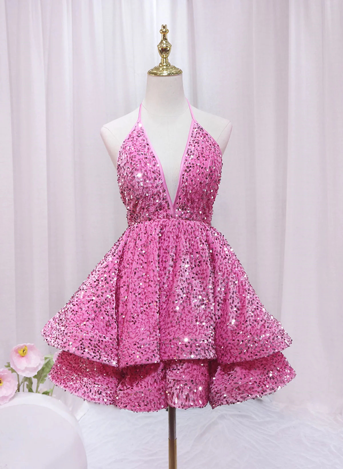 Halter Backless Pink Sequins Short Homecoming Dresses