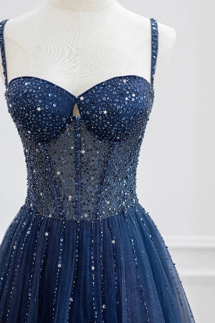 Dream Blue Tulle Beaded Chain V Neck Long Mermaid Prom Dress Evening Dress Y8665