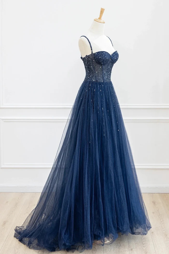 Dream Blue Tulle Sequins Appliques Mermaid Evening Dress Long Prom Dress Y8673