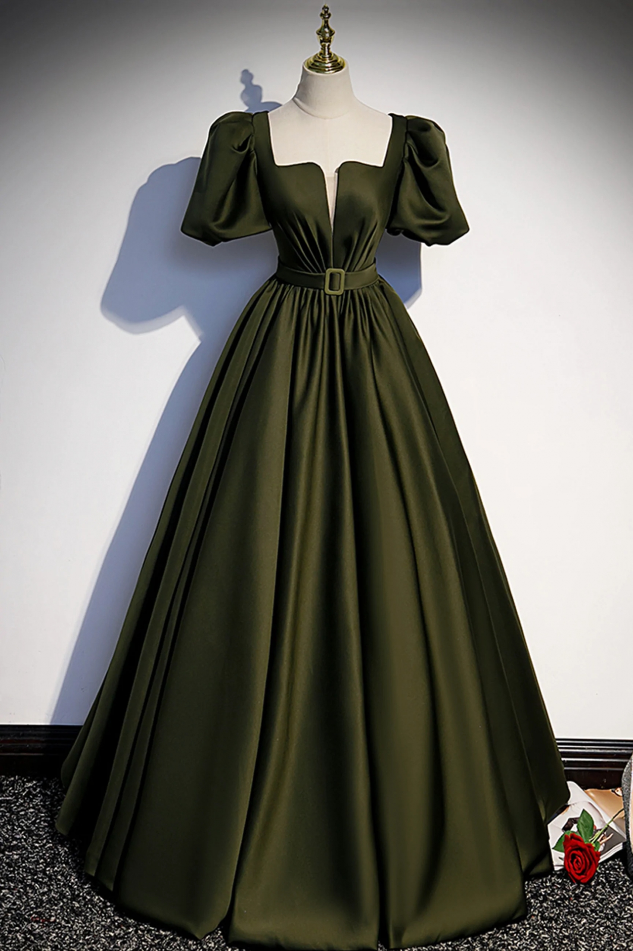 A-line Dark Green Satin Long Prom Dresses