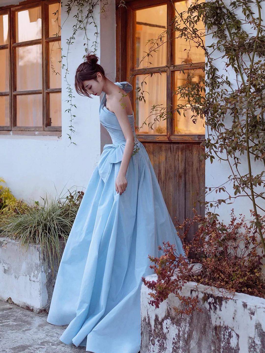 One Shoulder Satin Prom Dress with Slit Ink Blue Plus Size