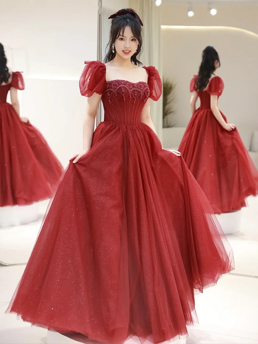 Wine Red Tulle A-line Beaded Long Formal Prom Dresses