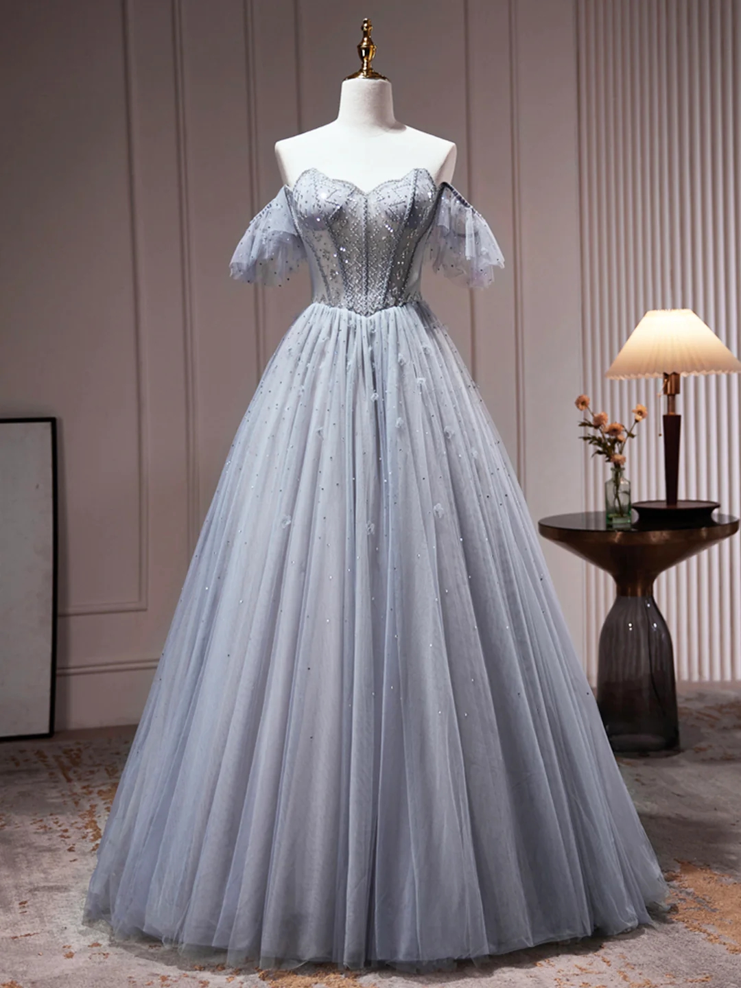 Enchanted Gray Tulle Evening Gown With Crystal Bodice