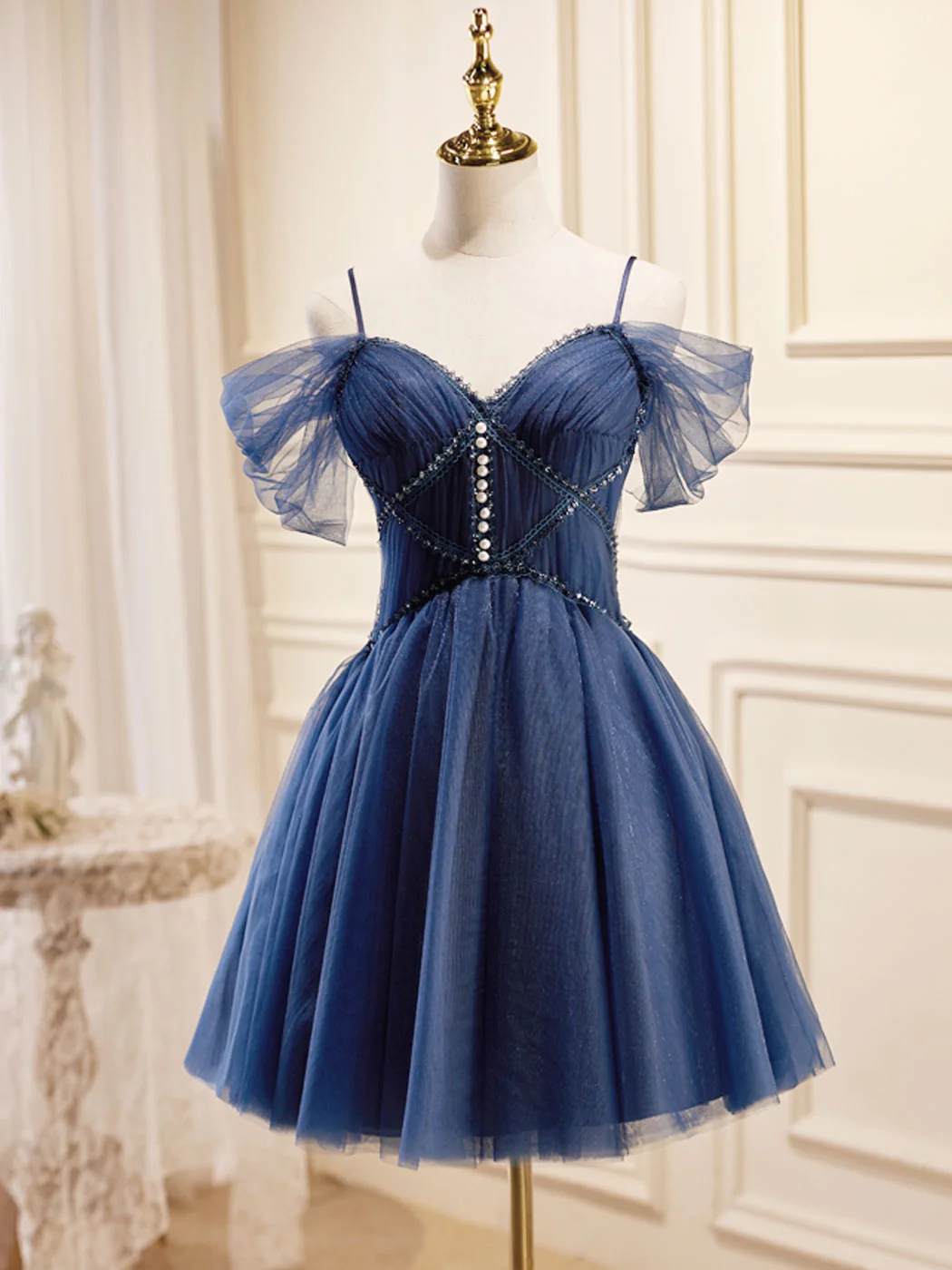 Cute Dark Blue V Neck Tulle Short Homecoming Dress