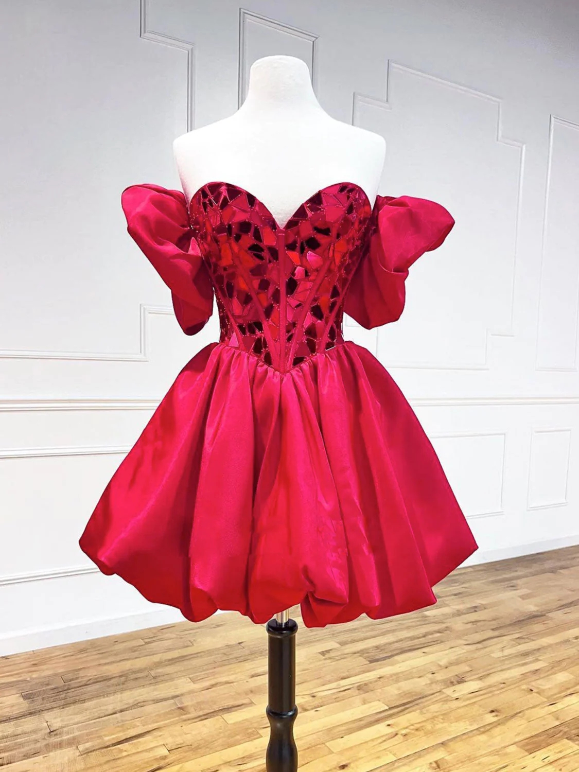 Radiant Ruby Puff-sleeve Mini Dress
