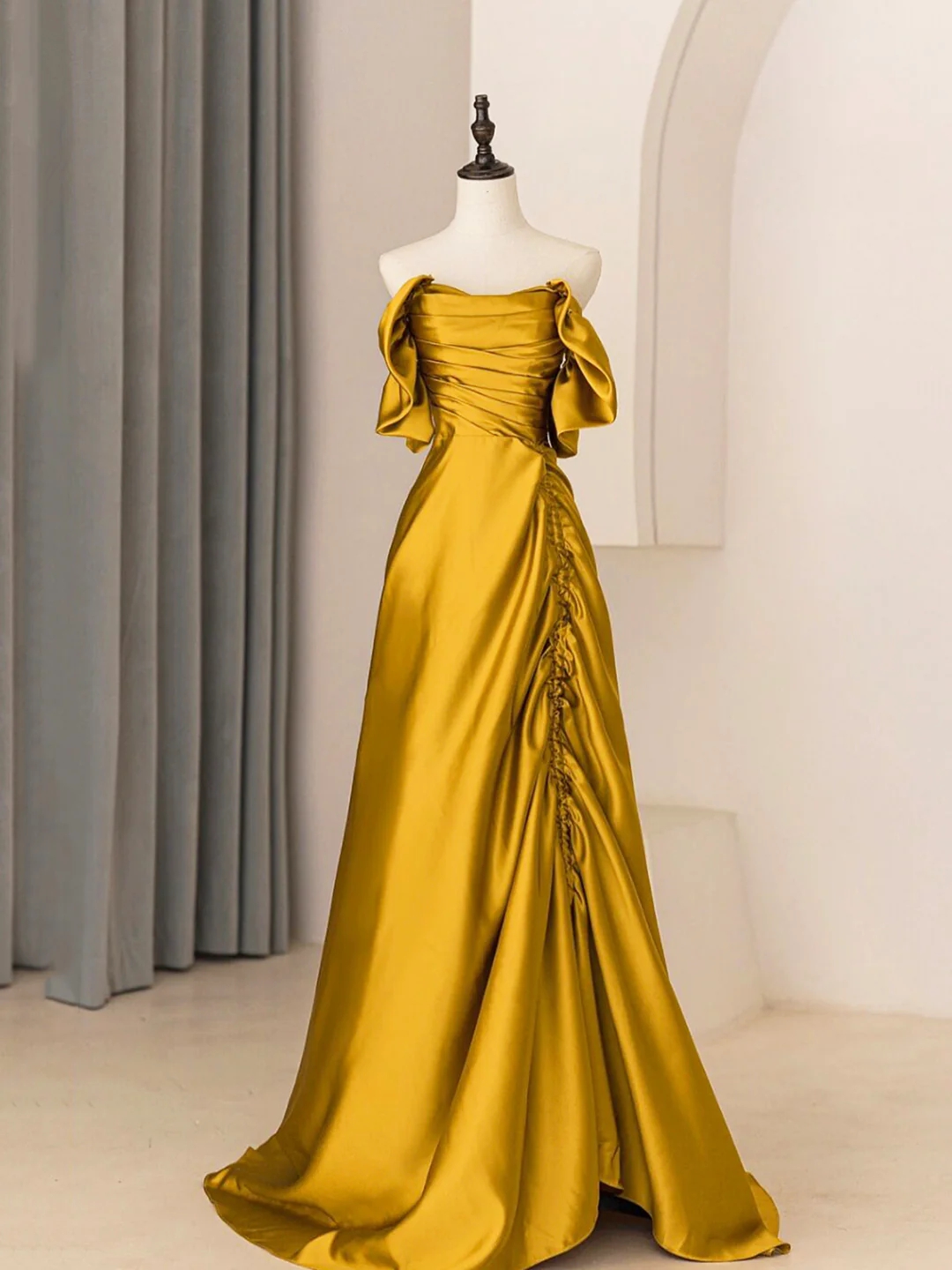 Golden Satin Off-shoulder Gown