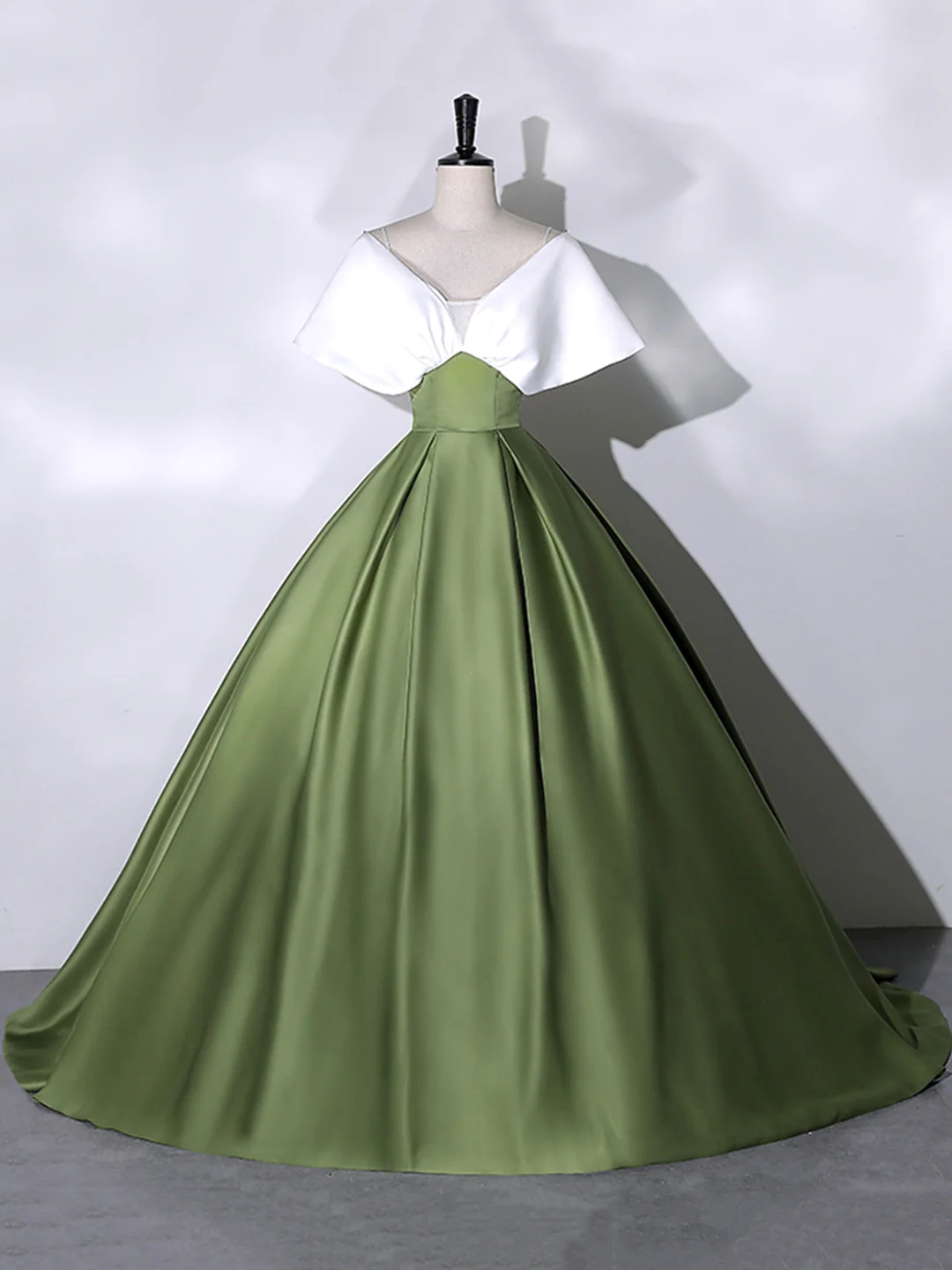 Floor Length V-neck Off The Shoulder White And Green Satin Evening Dress