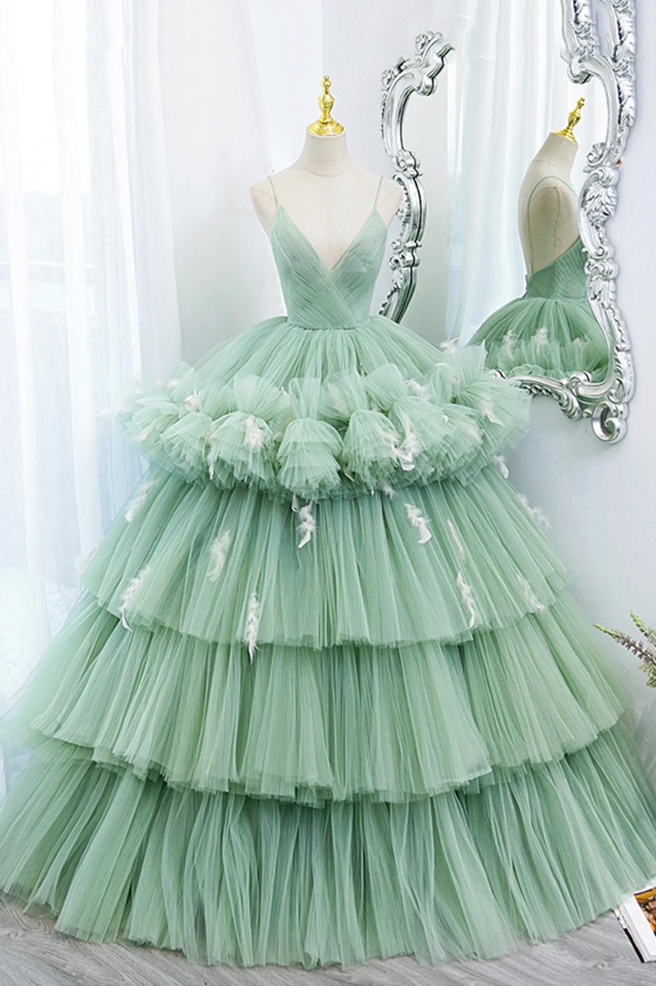 Ball Gown Green V-neck Layers Mermaid Tulle Long Prom Dresses on Luulla Ball Gown Green V-neck Layers Mermaid Tulle Long Prom Dresses on Luulla