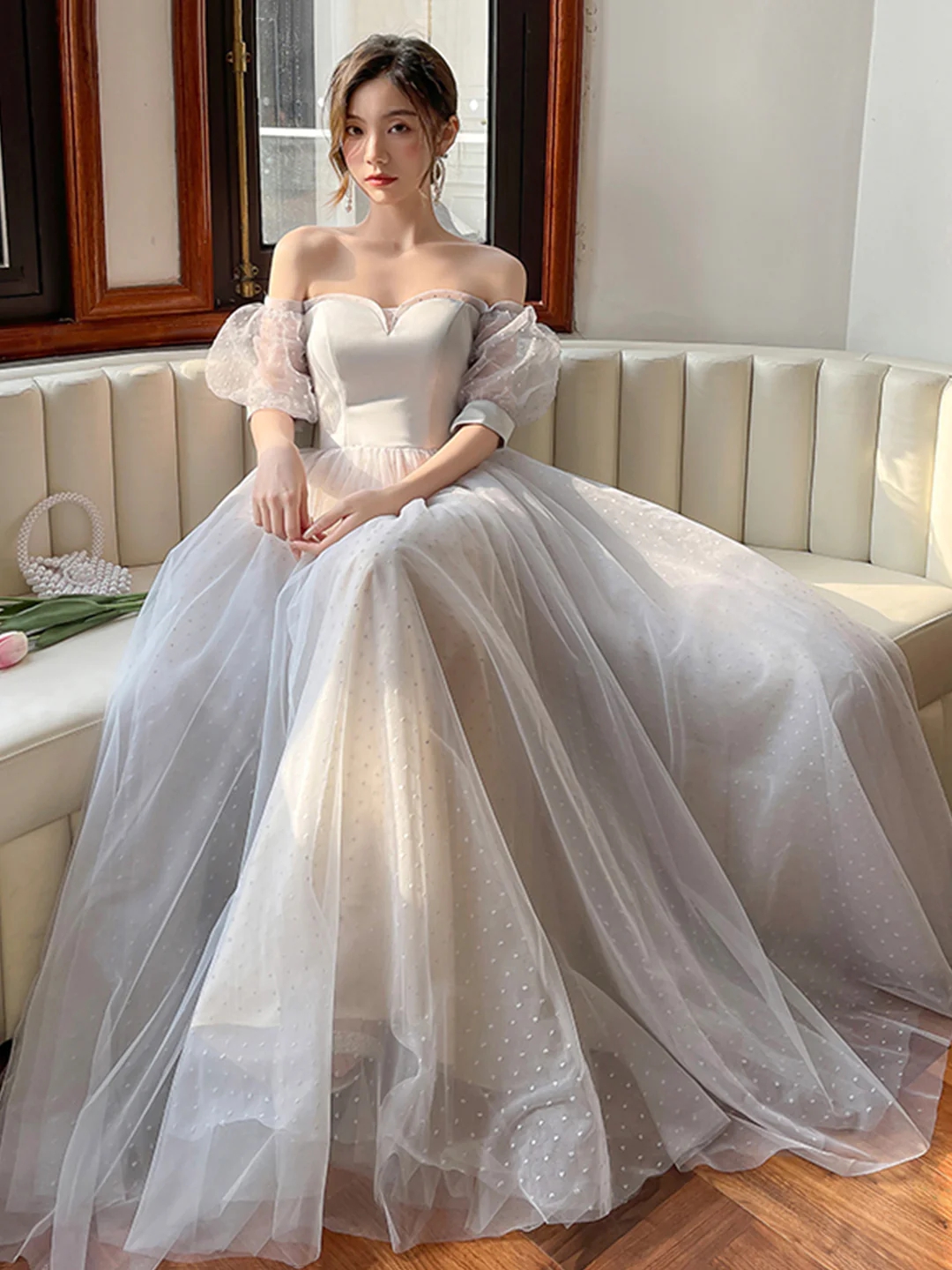 slim fit dress slacks Short Puff Sleeve Bridal Dress by Adrianna Papell 45007 – ABC Fashion main image 0