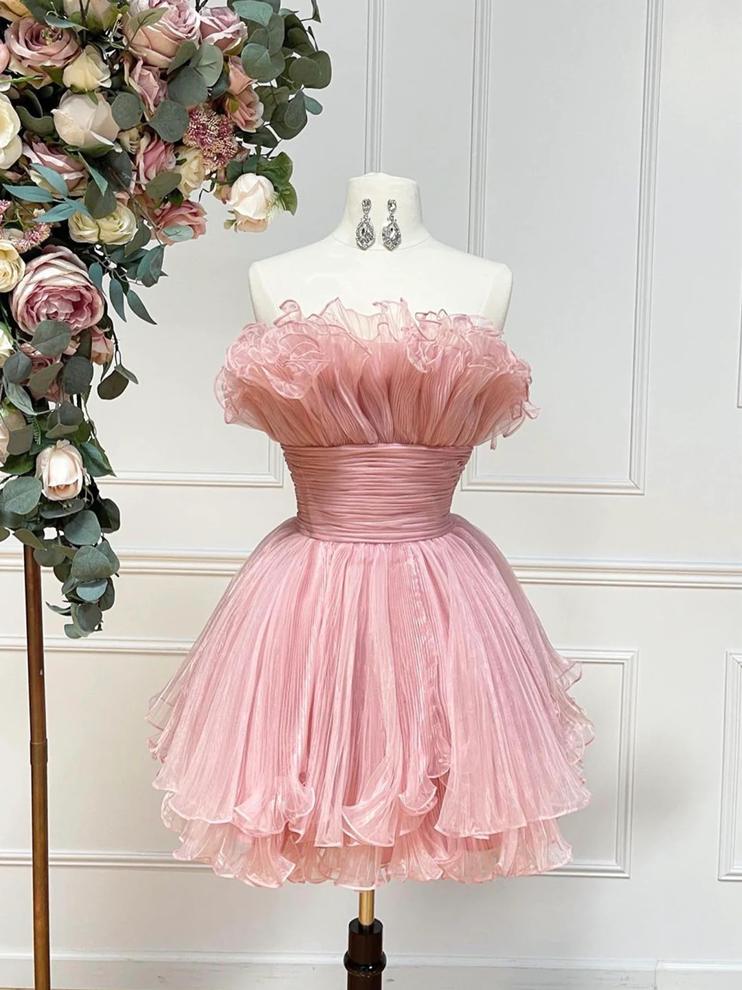 Cute Pink Strapless Tulle Short Prom Dress, Homecoming Dress