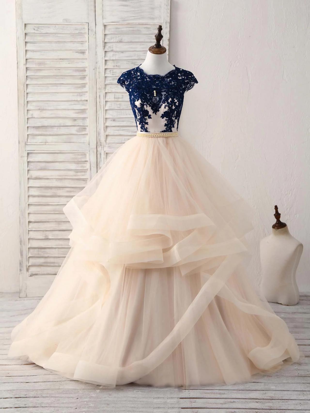 Navy Lace Champagne Tulle Ballgown