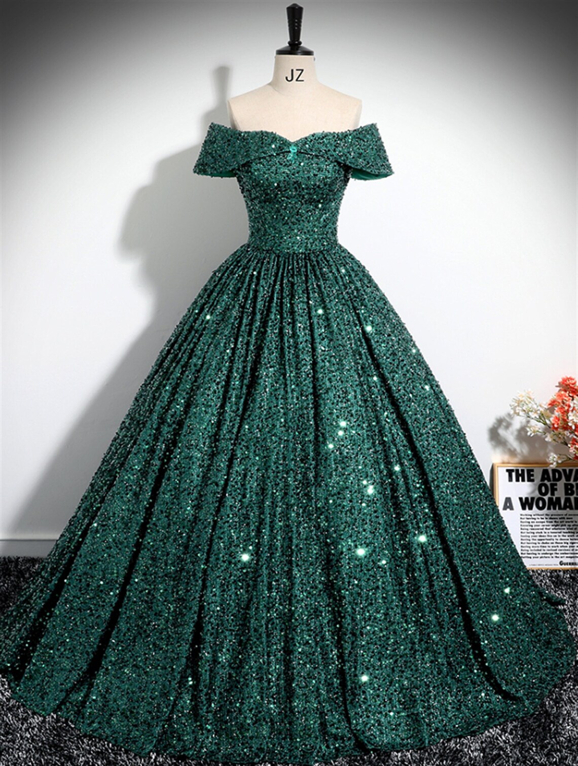 Off Shoulder Dark Green Sequins Ball Gown Prom Dress