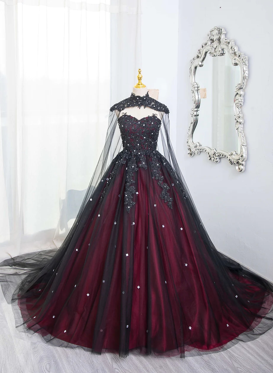 black dress with red cape Amber Gothic Black and Dark Red Mermaid Wedding Dress With Cape