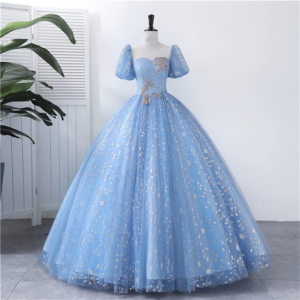 Round Neck Blue Tulle Short Sleeves Long Prom Dress