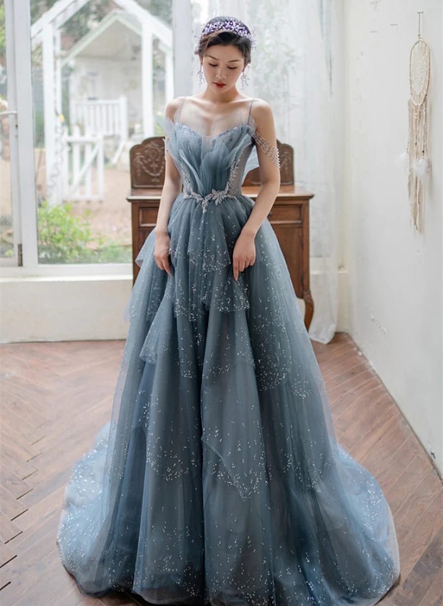 A Line Straps Blue Tulle V-neckline Long Prom Dress