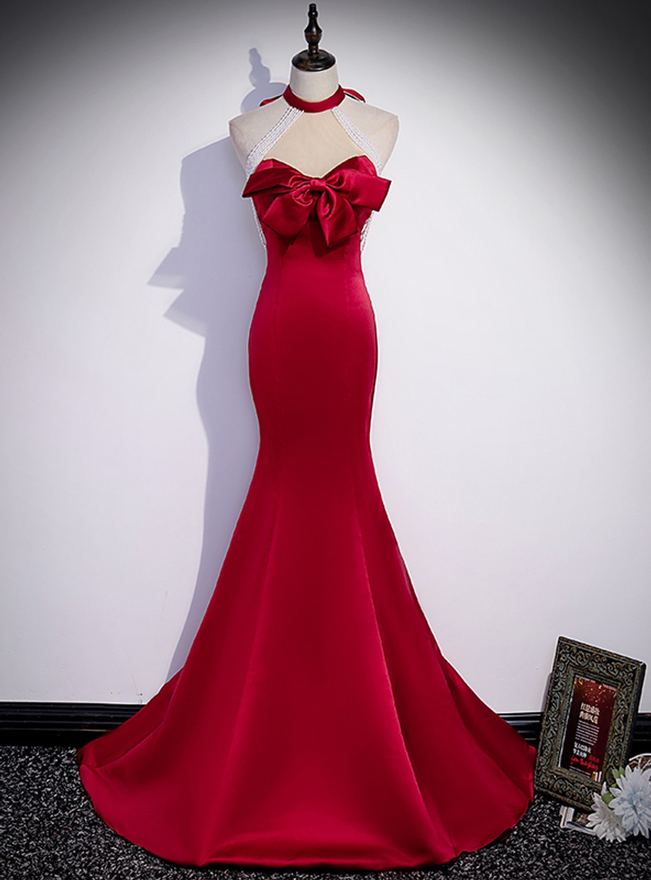 Halter Red Mermaid Satin Long Party Dress With Lace-up