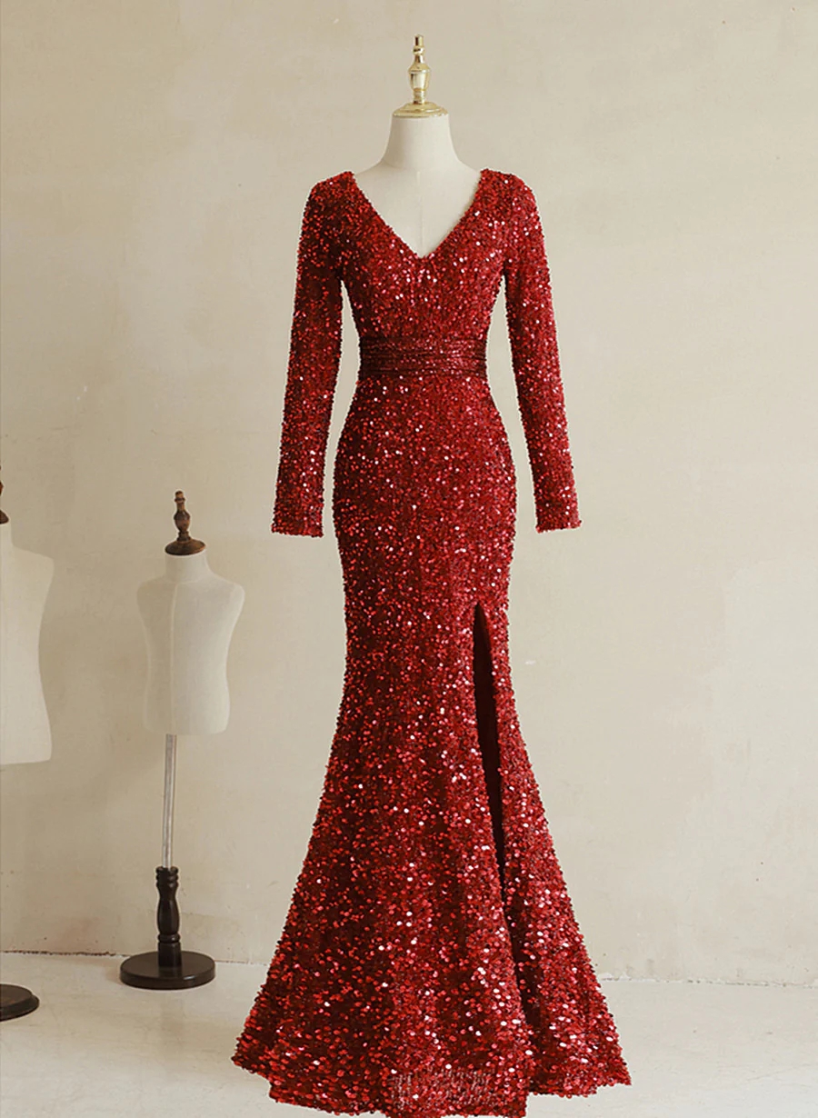 Glamorous Red Sequined Gala Dress With Long Sleeves