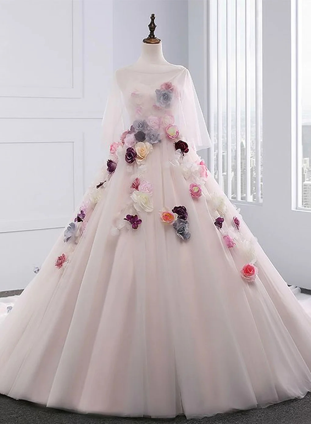 A Line Light Pink Tulle Ball Gown Prom Dress With Flowers