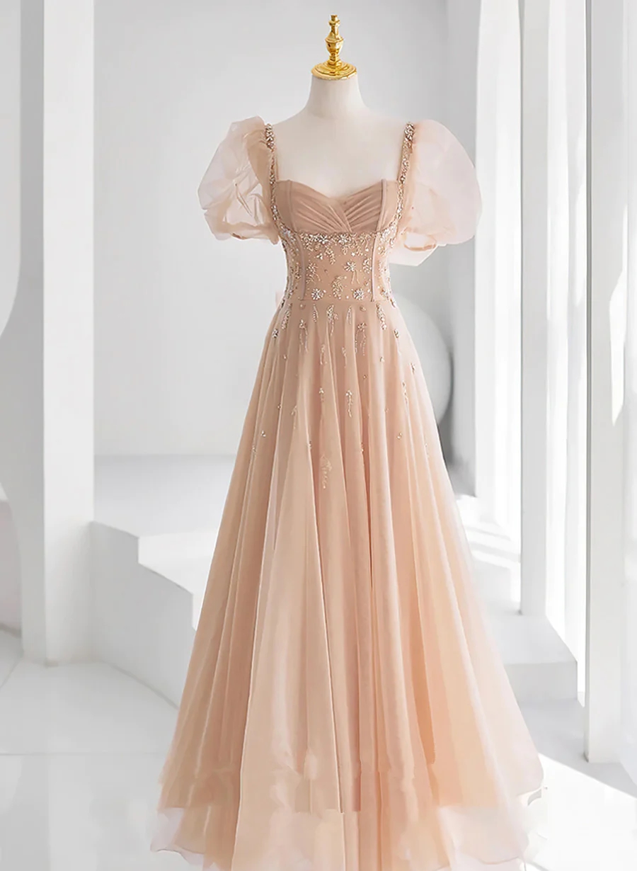 Floor Length Champagne Beaded Tulle A-line Prom Dress With Short Sleeves