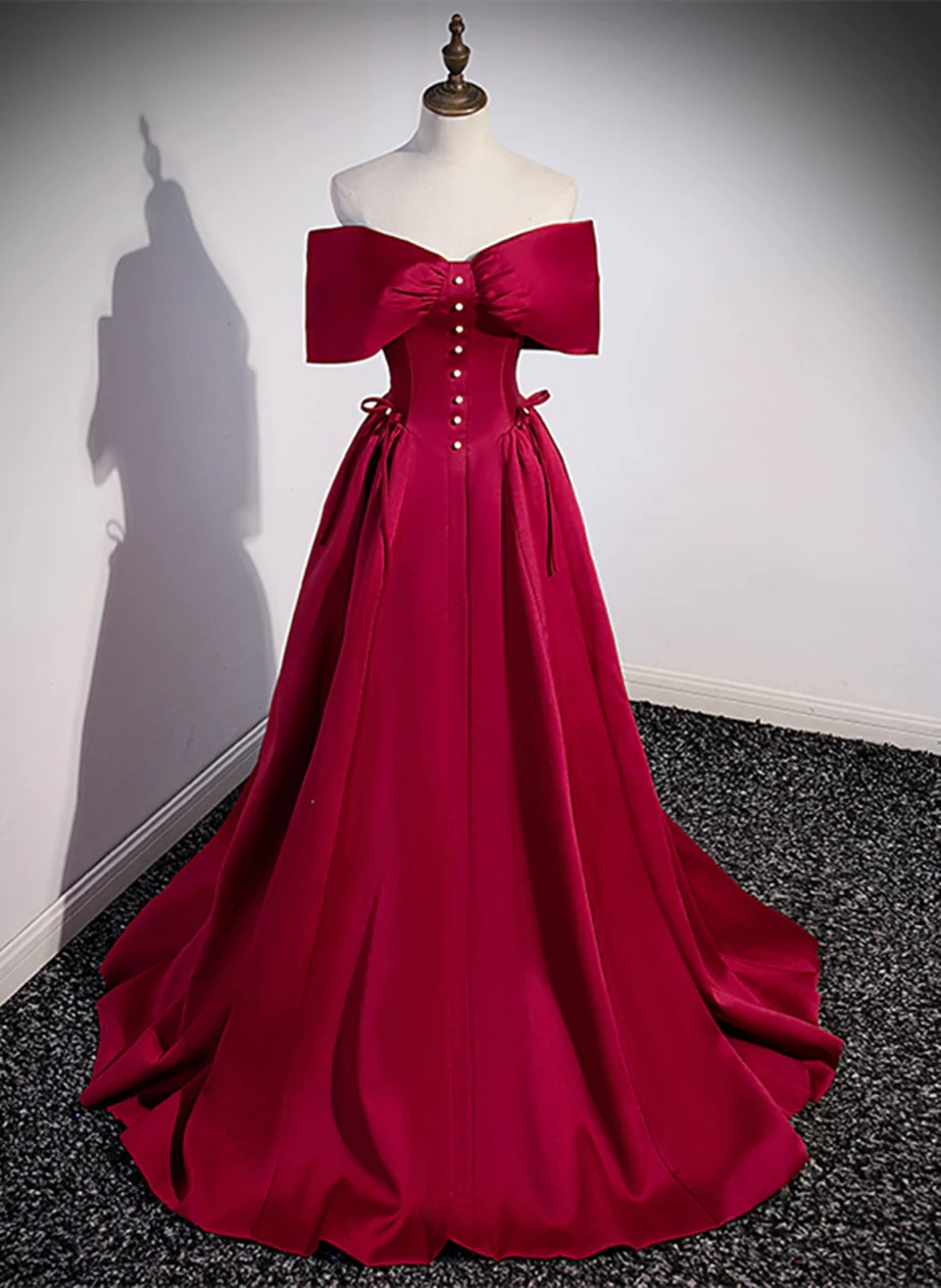 Elegant Burgundy Satin Gown With Off-shoulder Bow Detail