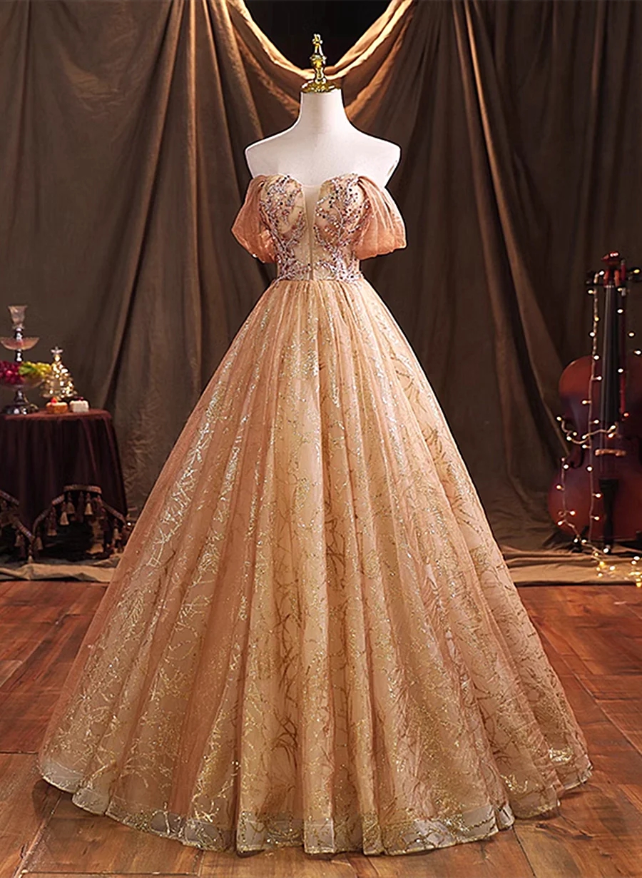 Gold Tulle Long Ball Gown Party Dress Sweet 16 Dresses With Beaded