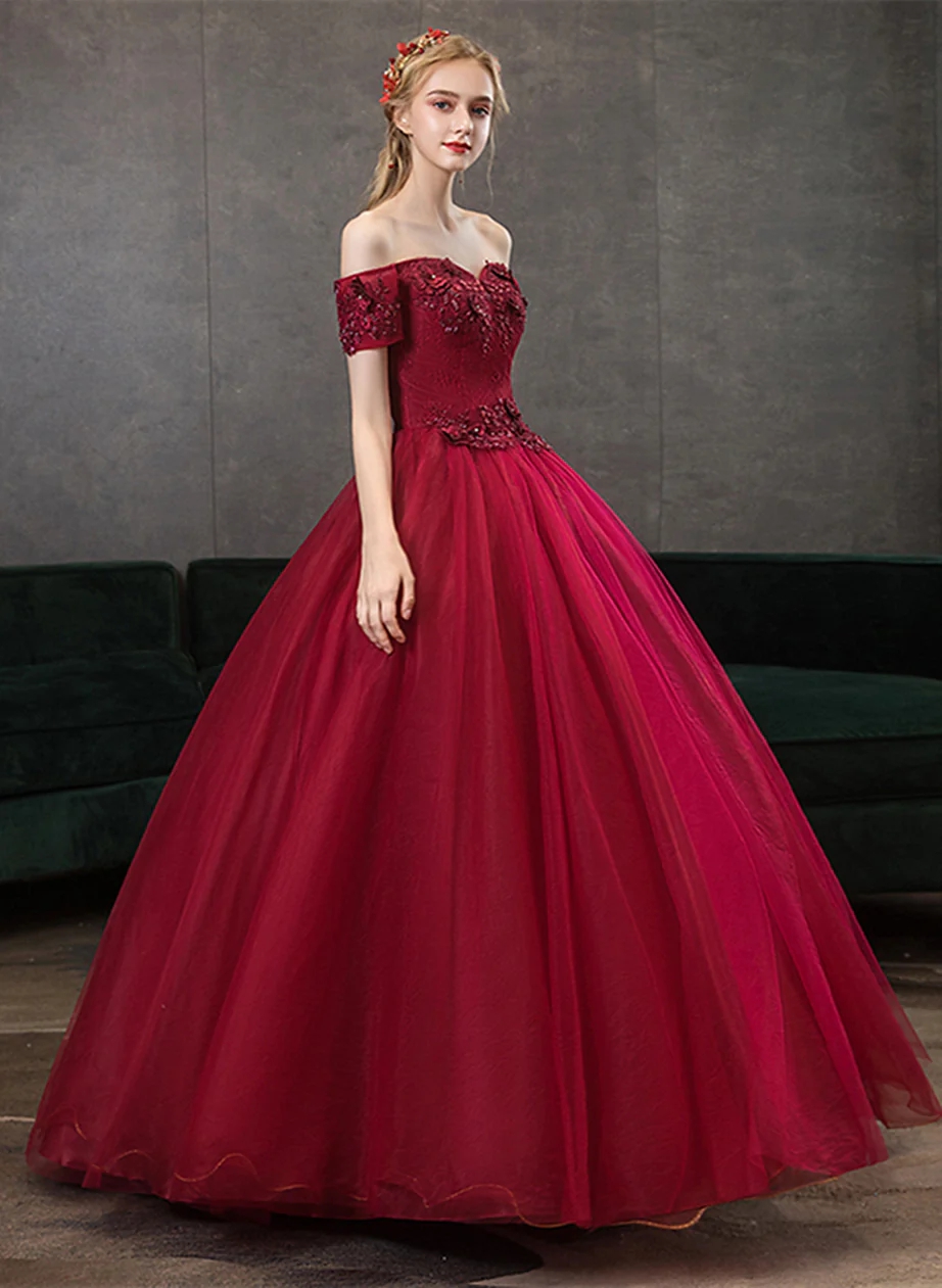 Off Shoulder Wine Red Ball Gown Sweetheart Party Dresses